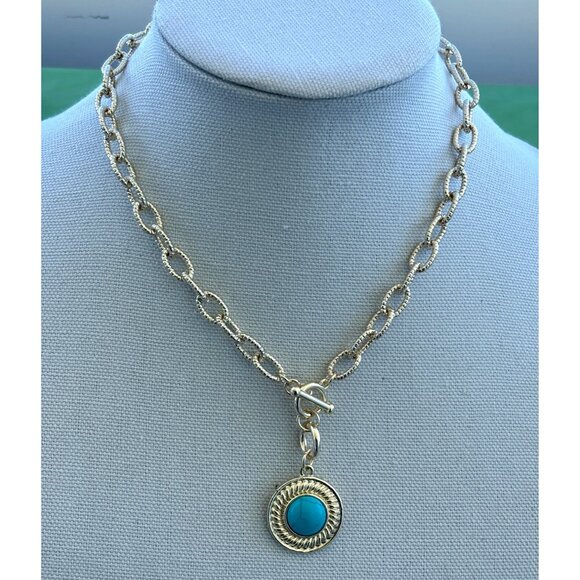 Silver Chain Necklace With Turquoise Pendant Faux Turquoise Bead & Toggle Clasp - Picture 1 of 4